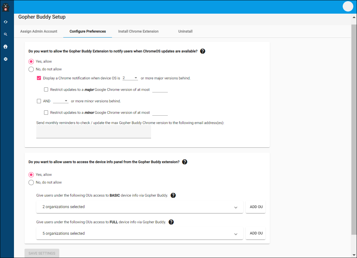 Gopher buddy setup admin user preferences