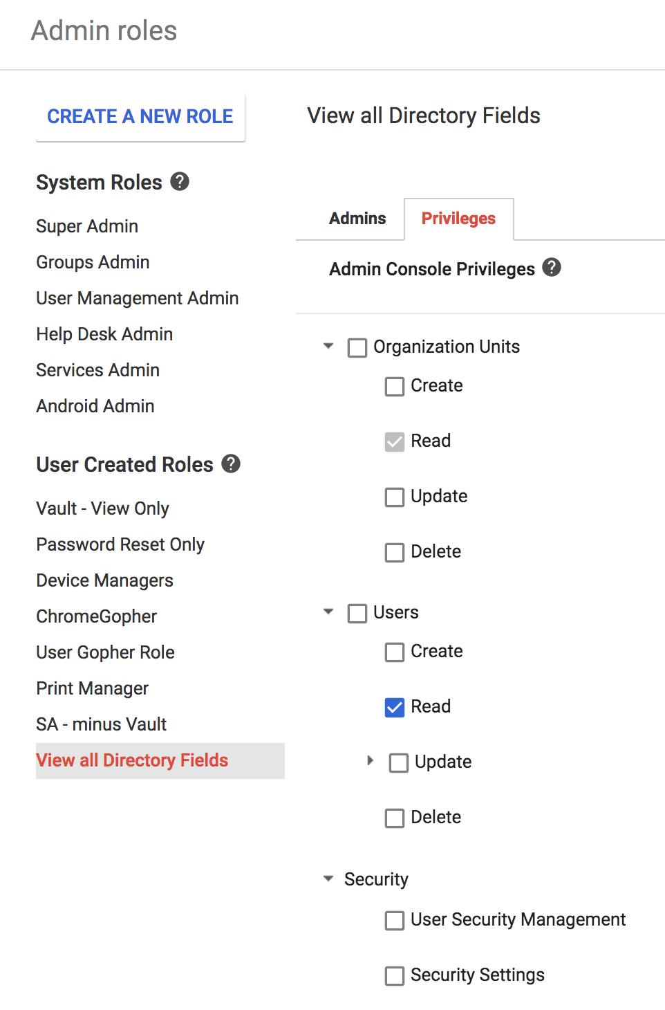 Admin console privileges for view all directory fields