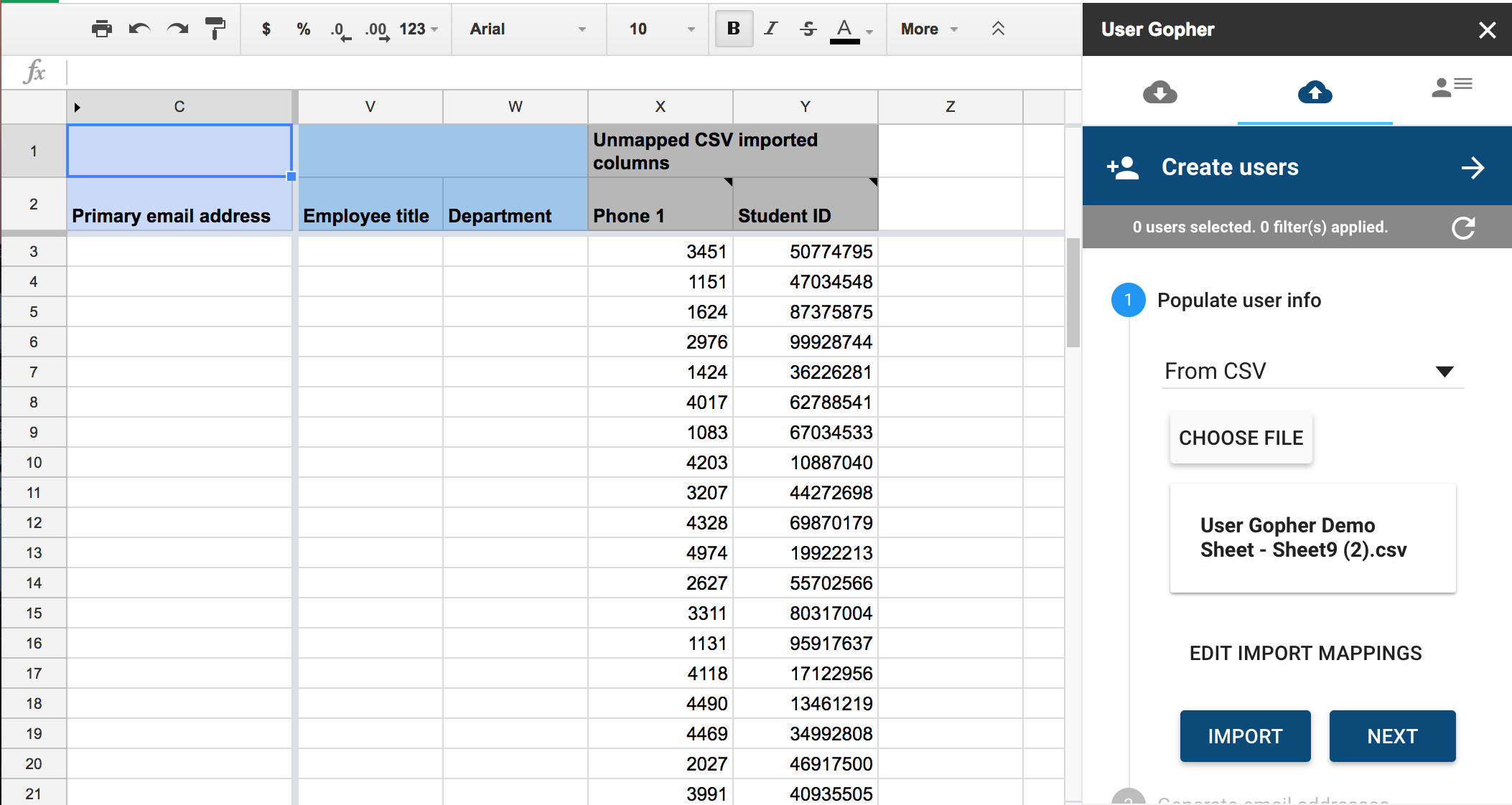 Sidebar showing options when adding from CSV