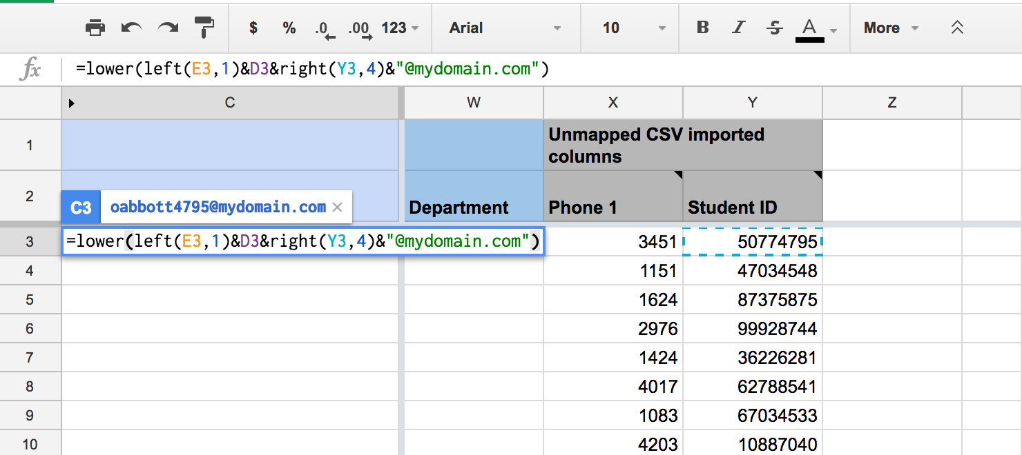Results when selecting the Also import all unmapped source data as new columns in the sheet