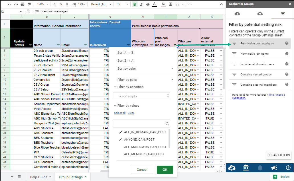 Permissive posting rights showing in sidebar