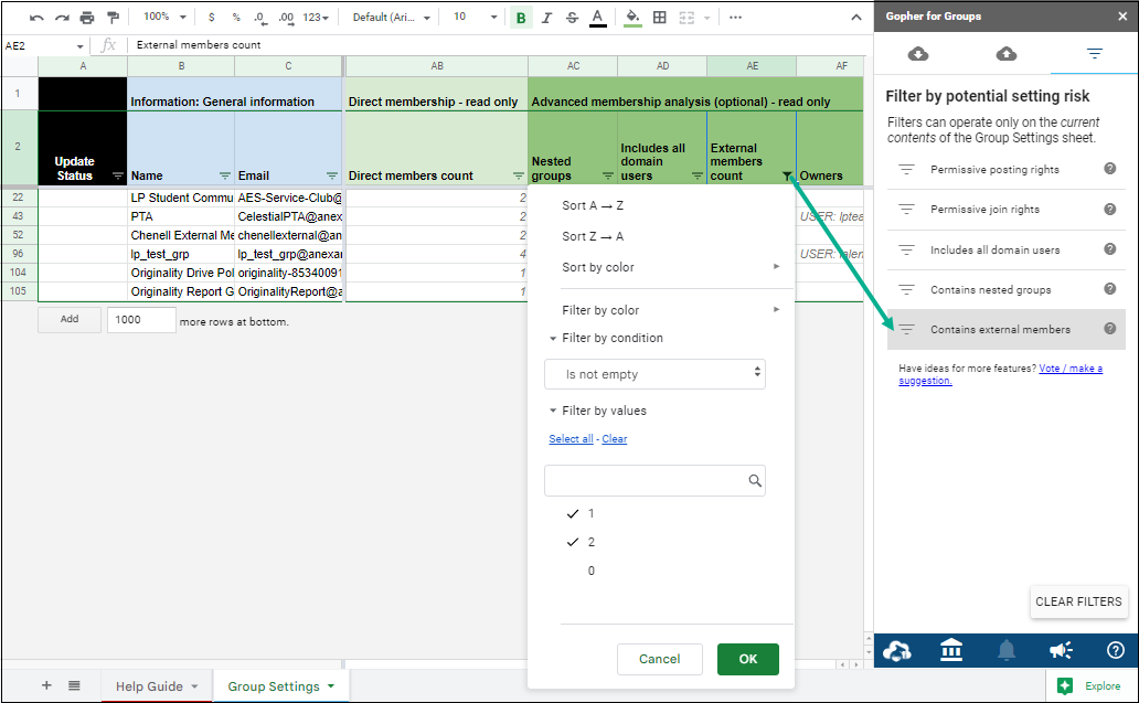 contains External member showing in the sidebar