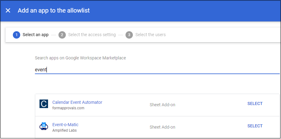 Add an app to the allow list stepper showing step 1, select an app