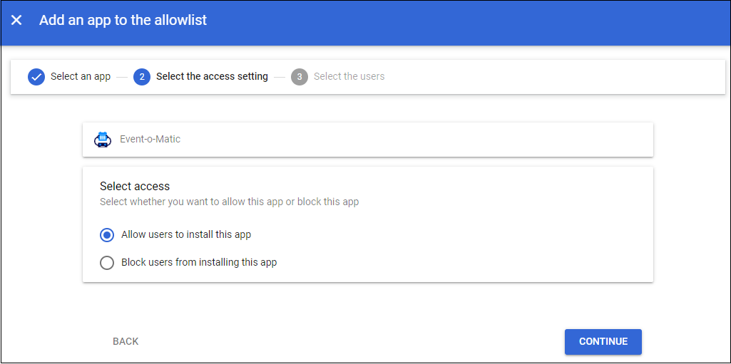 Add an app to the allow list stepper showing step 2, select teh access setting