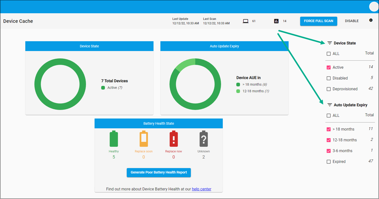 Device cache filters view