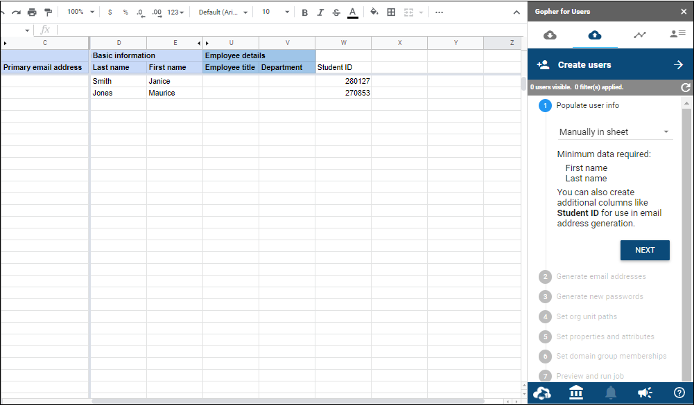 Sidebar showing options when adding manually in sheet
