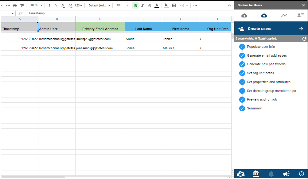 Sheet showing the generated users