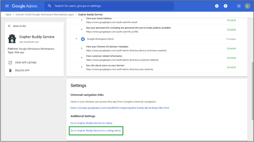 View of the Gopher Buddy Configuration Panel in the admin console