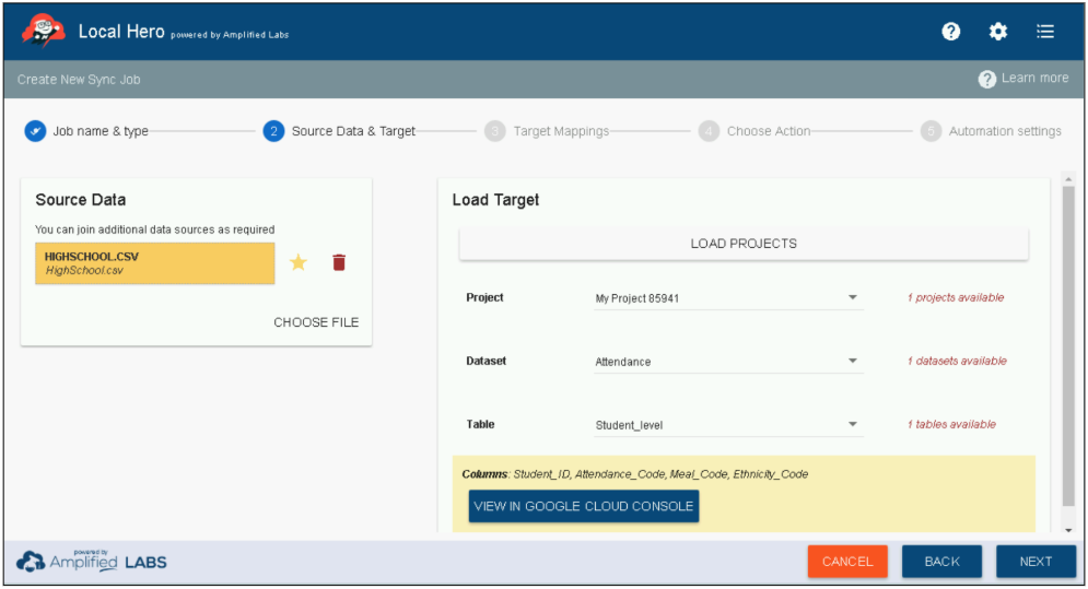 Step 2 Source Data and Target Table Selection