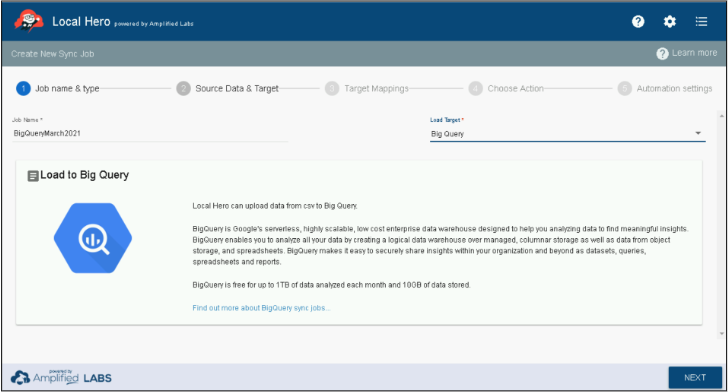 View of Step 1 Job Name and Type Load Target Selection