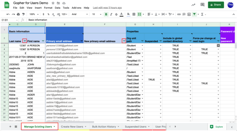 Manage existing users tab view