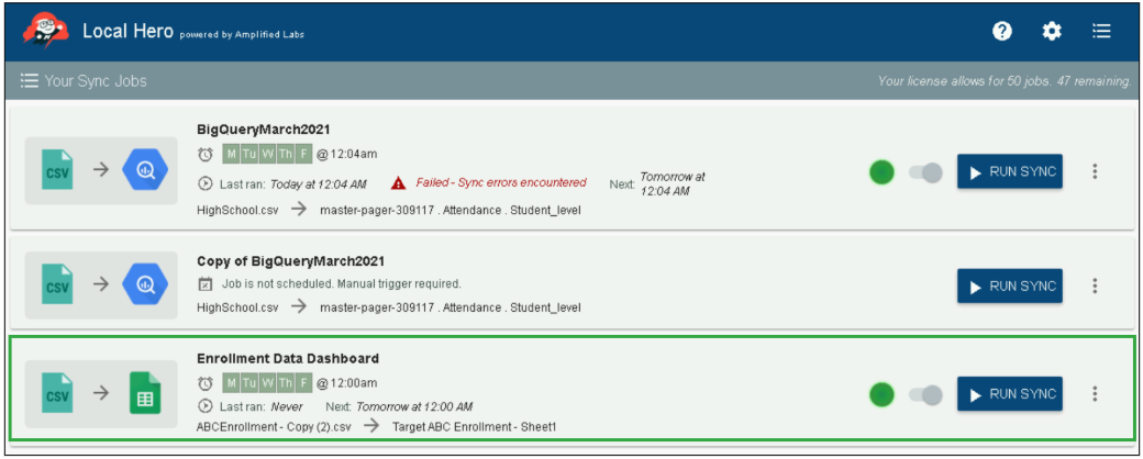 View of Your Sync Jobs List