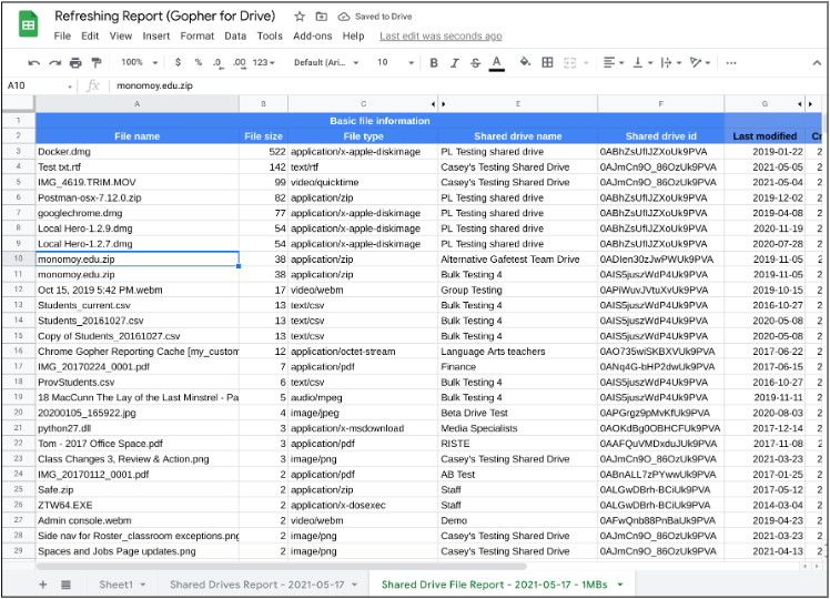 Shared Drives File Output view