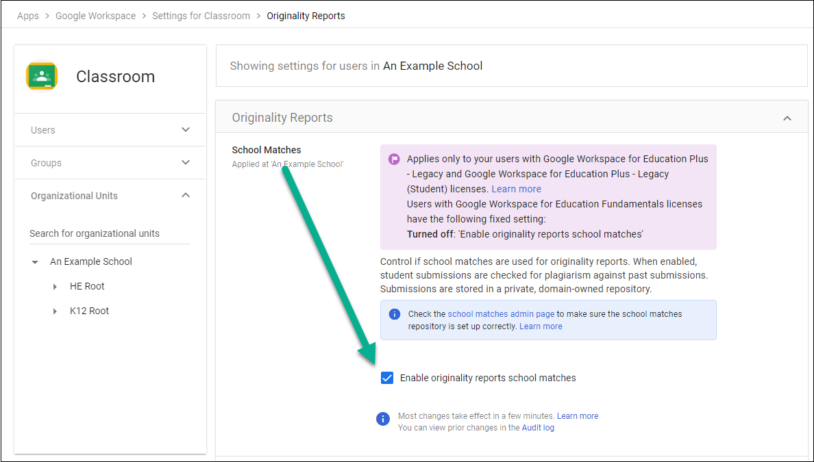 Enable originality reports school matches setting