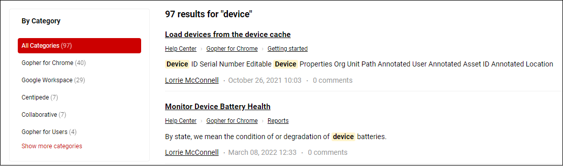 View of all search results