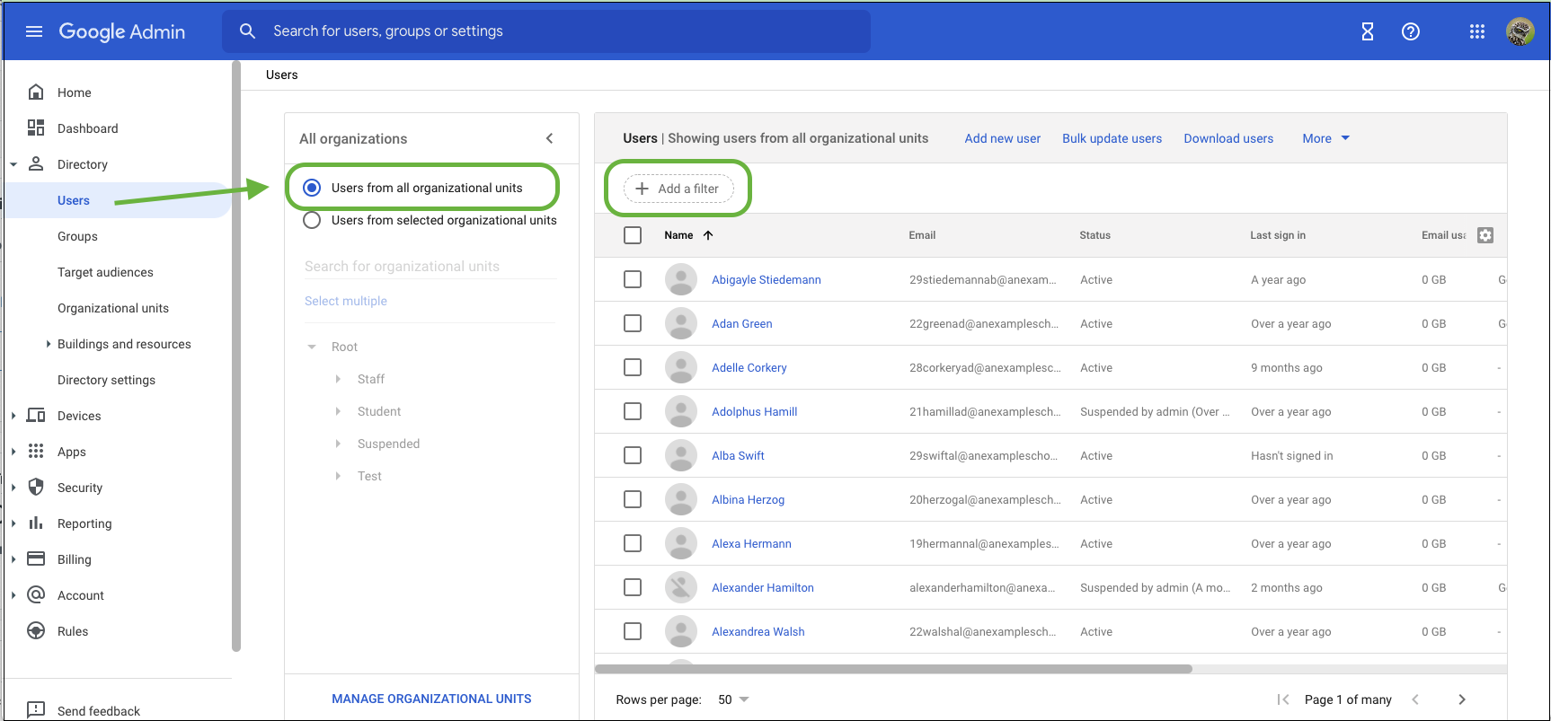Users admin console page showing the filter location