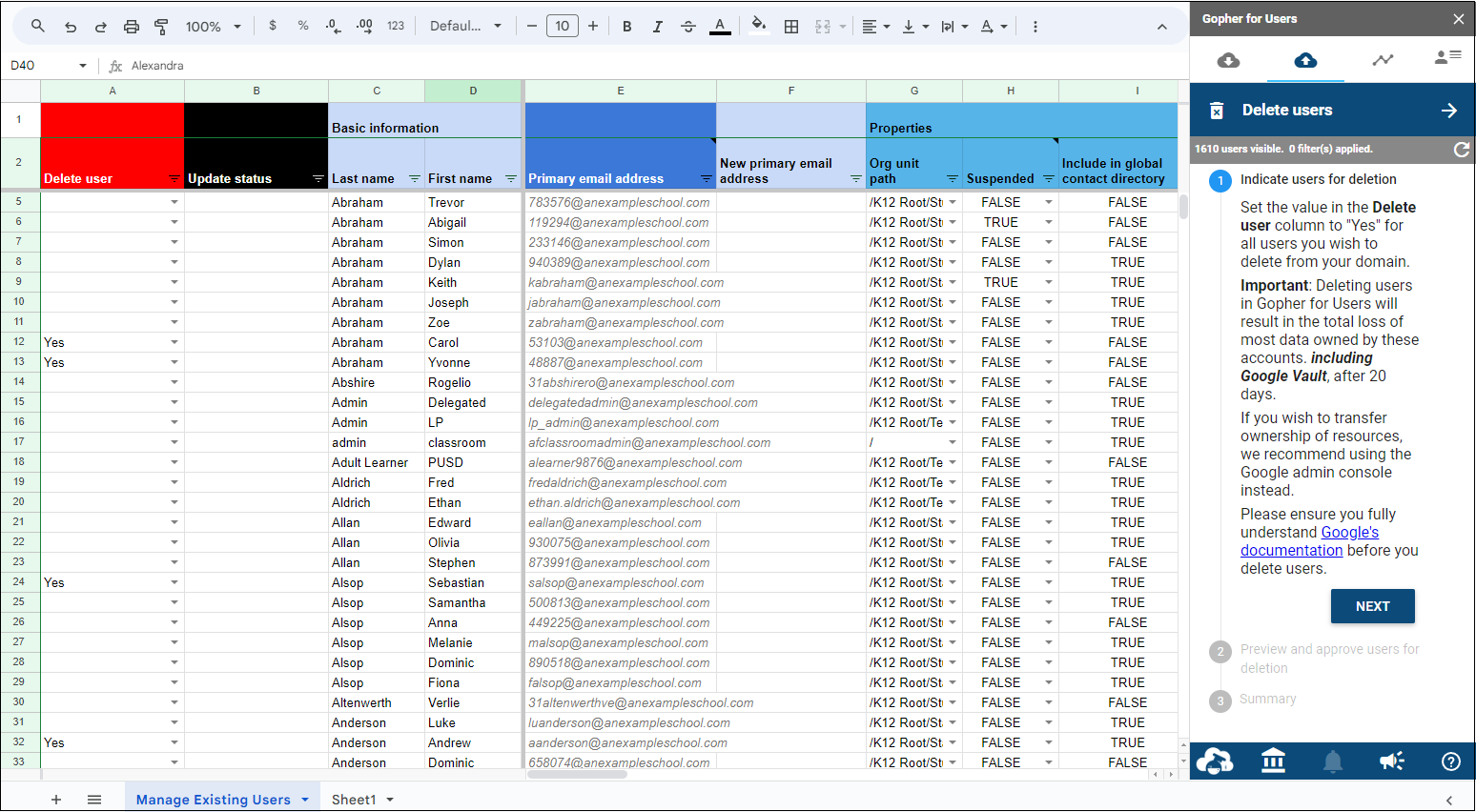 Sheet showing delete user column with selection
