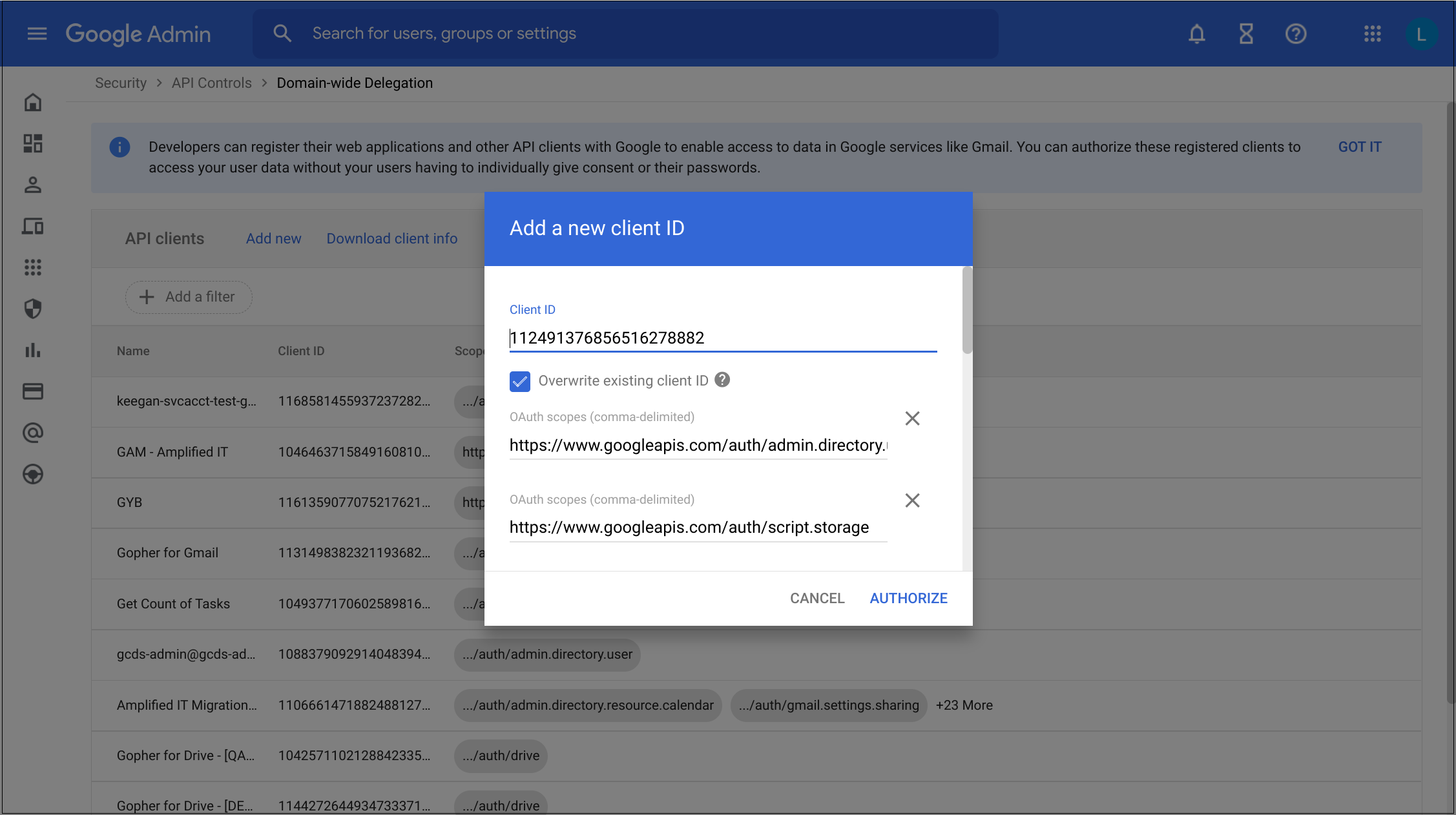 Add new client ID pop up