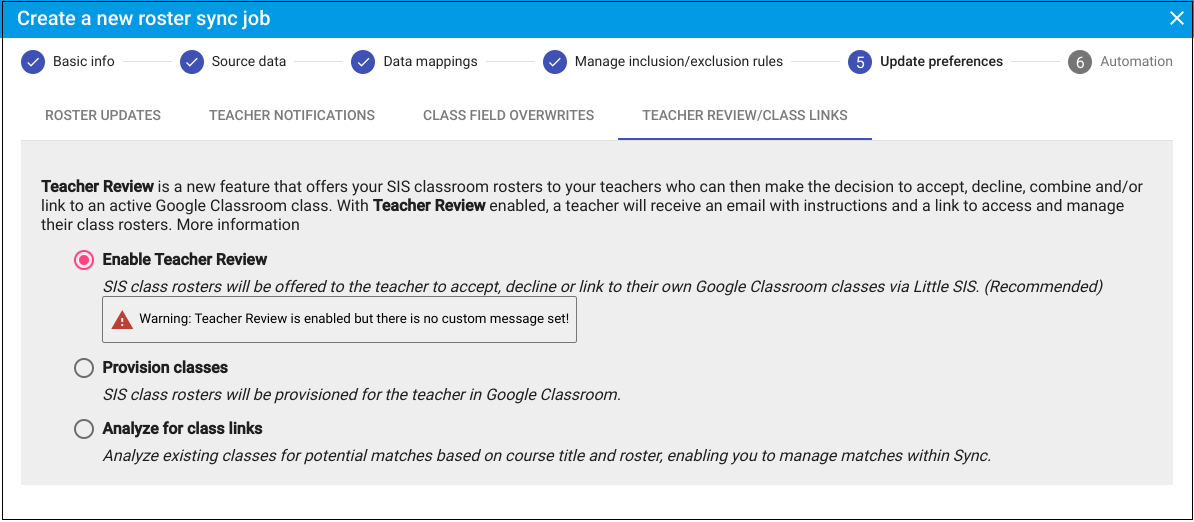 Step 5 Teacher Review Class Links tab view