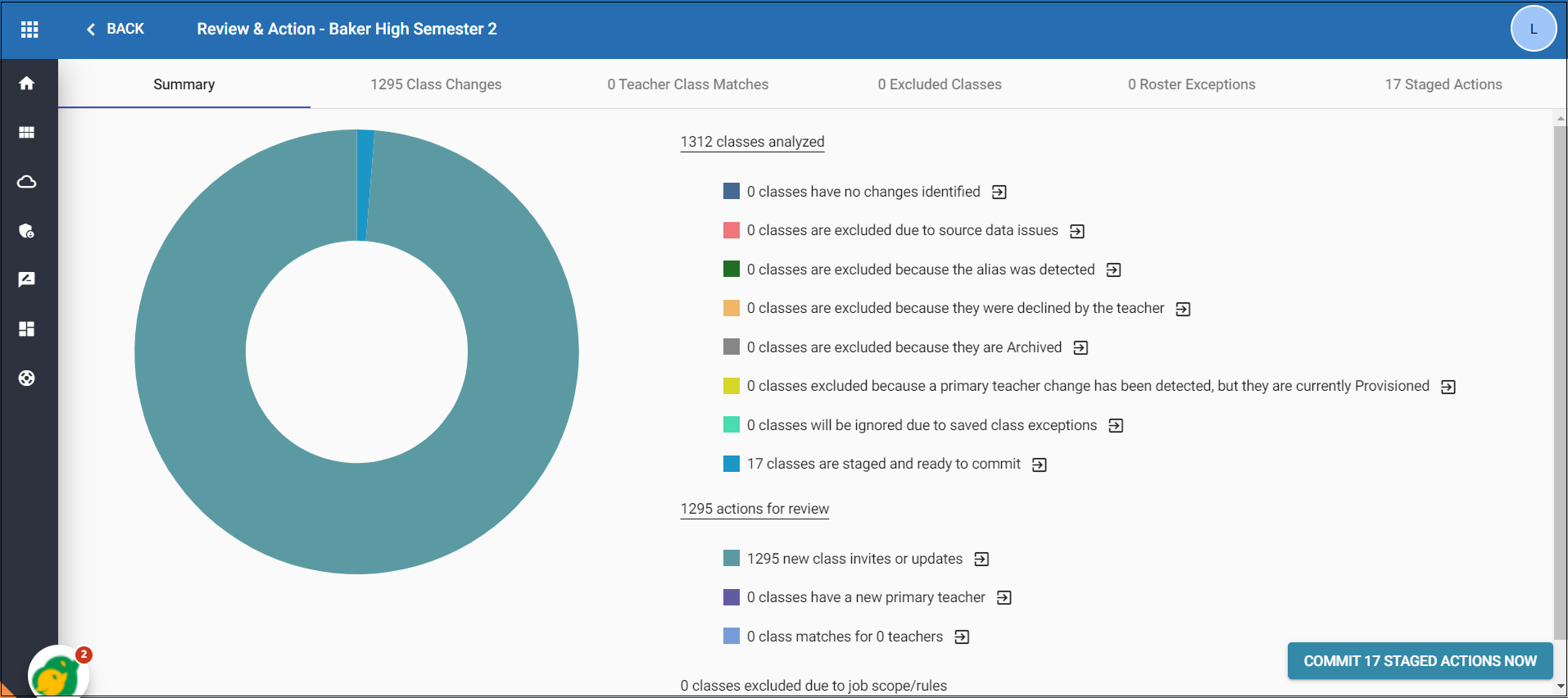 Summary showing Commit # Staged Actions button