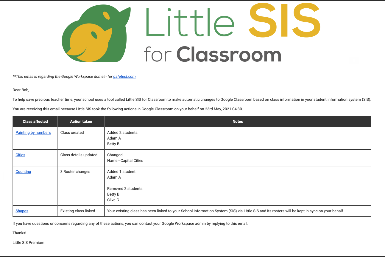 Teacher Notification Email example