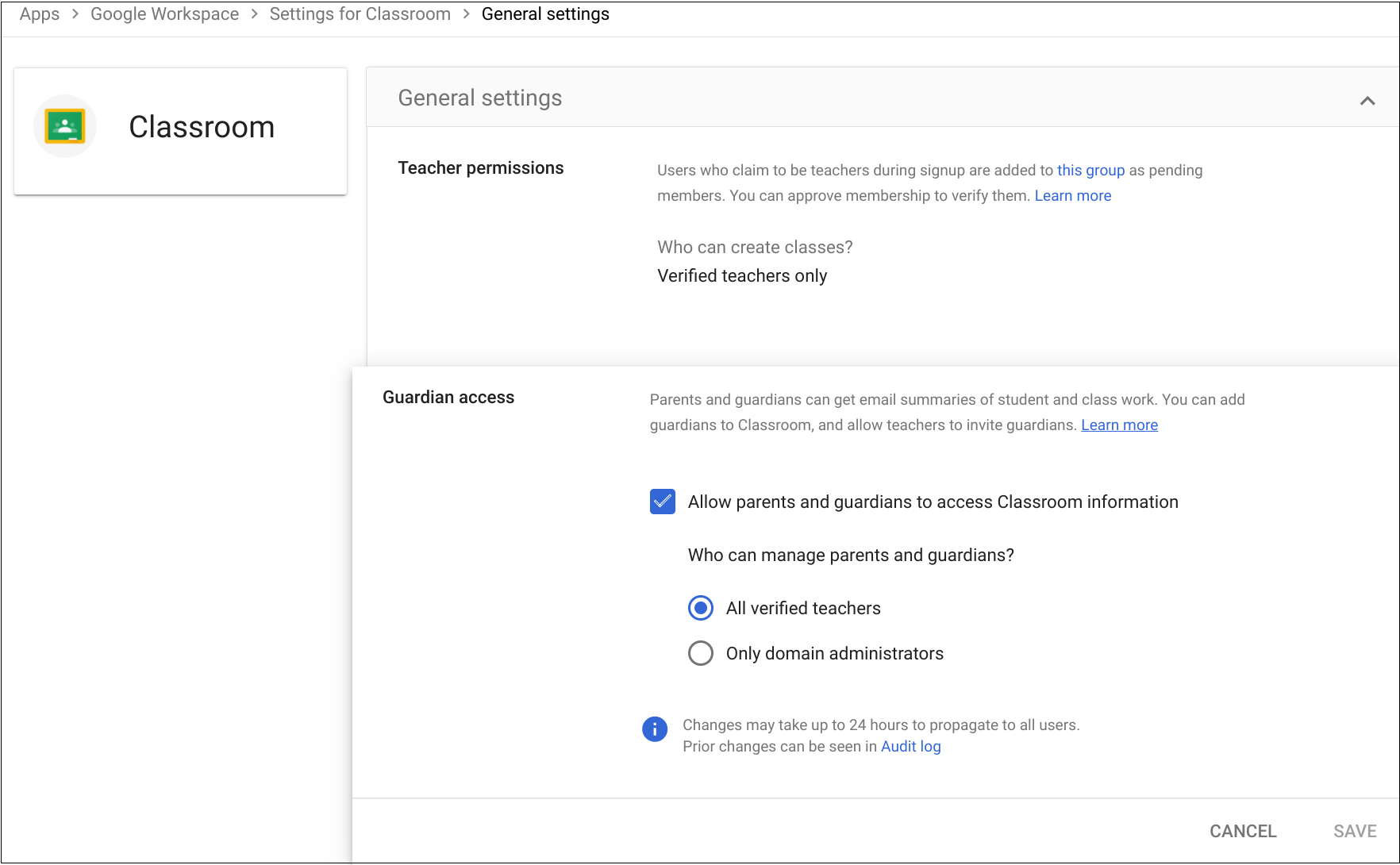 Admin console Guardian access setting