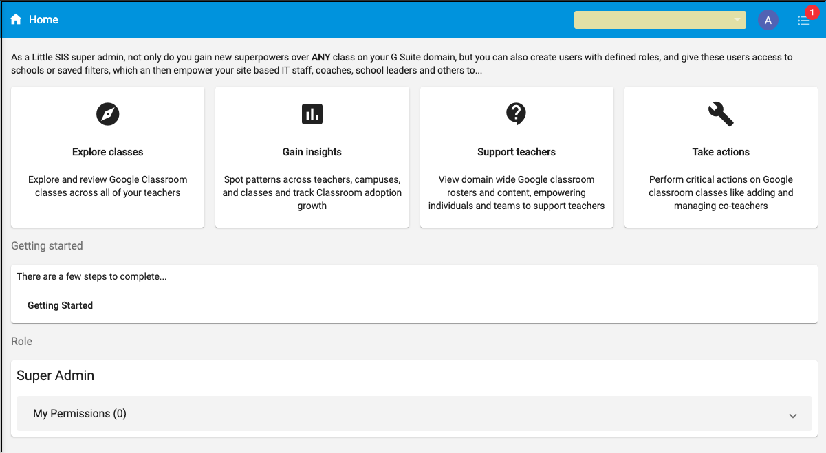 Home page showing the getting started stepper launch