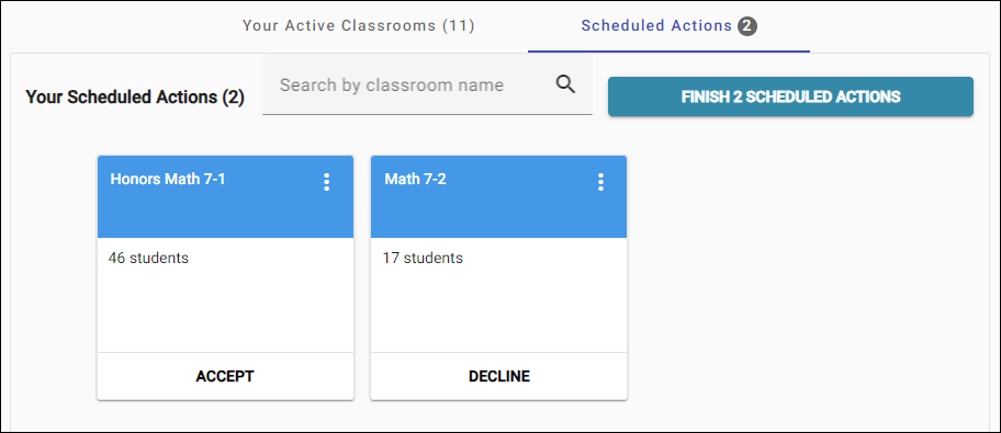 Page showing Classes available for accept or decline