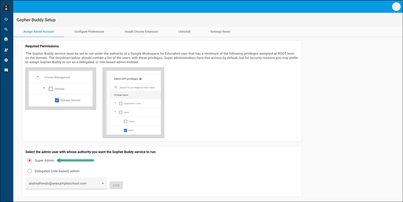 Gopher buddy setup admin user permissions