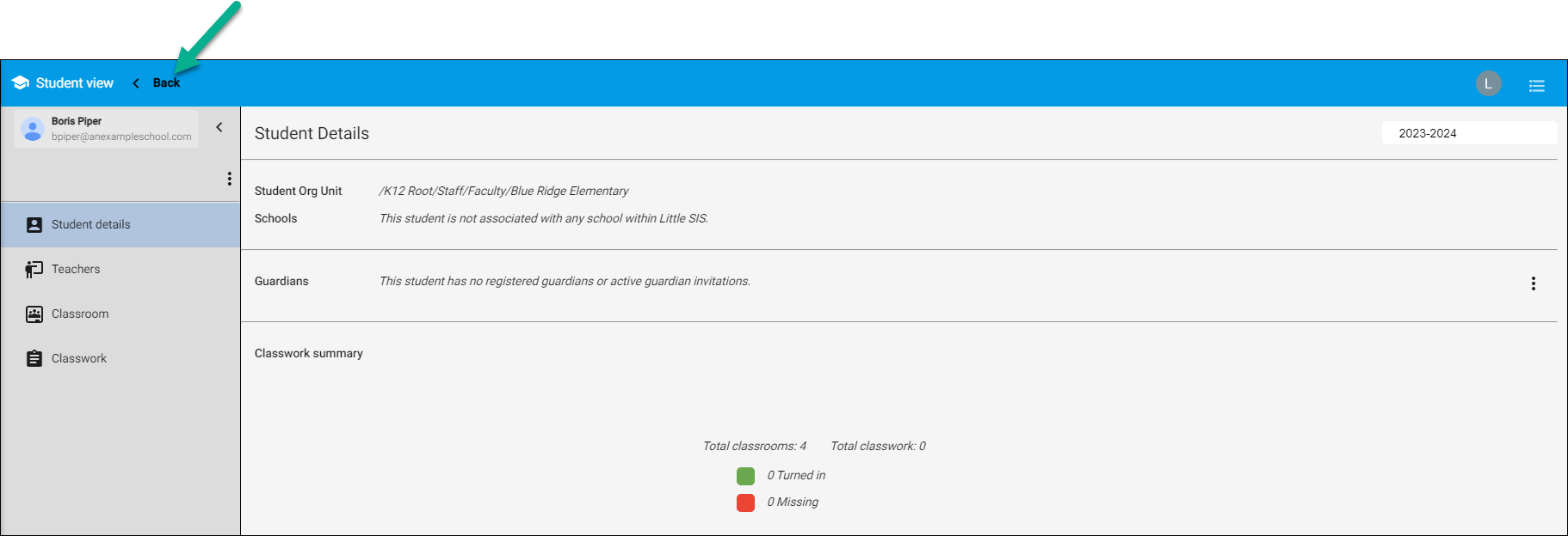 Back to summary from student view button