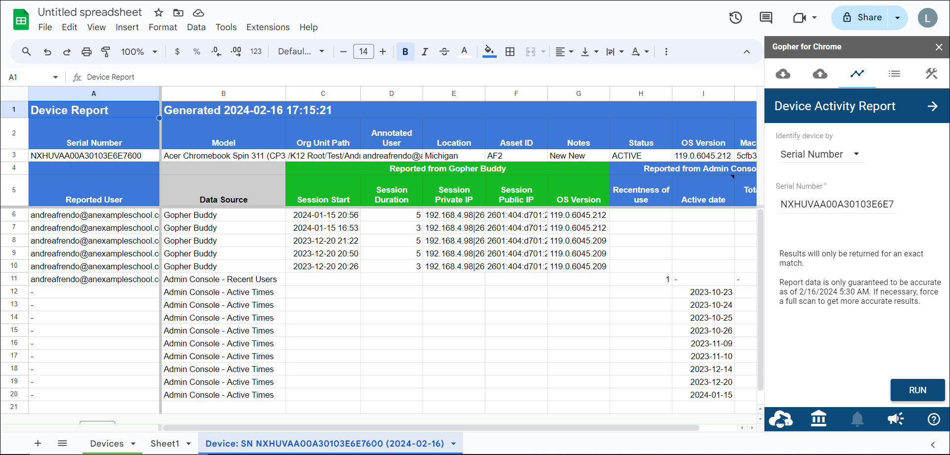 Single Device Report generated in a sheet