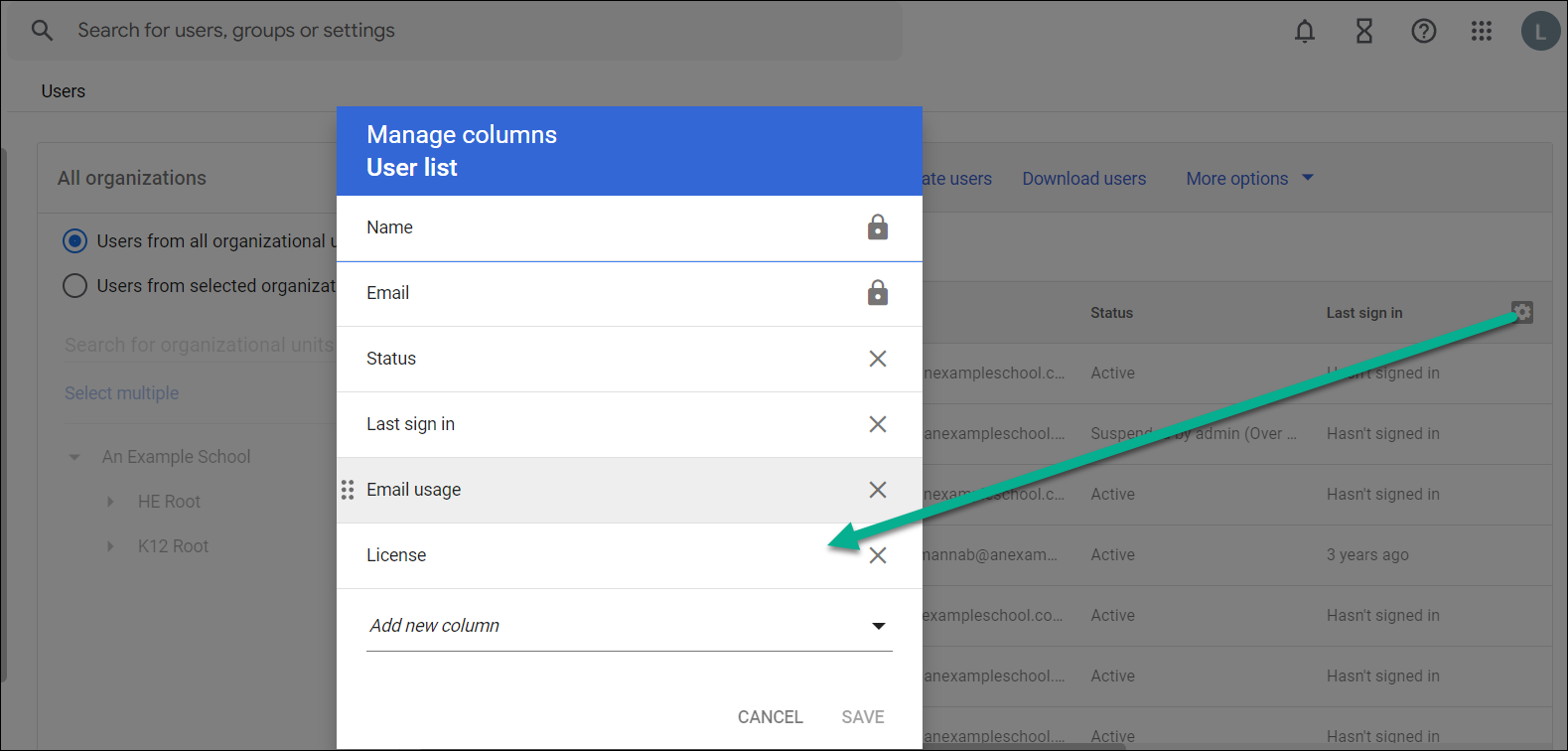 Bulk assign manage columns for the user list table example