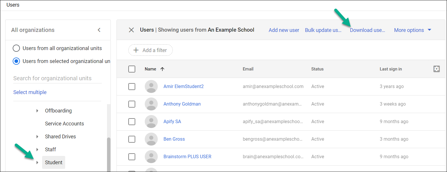 User table download users link location