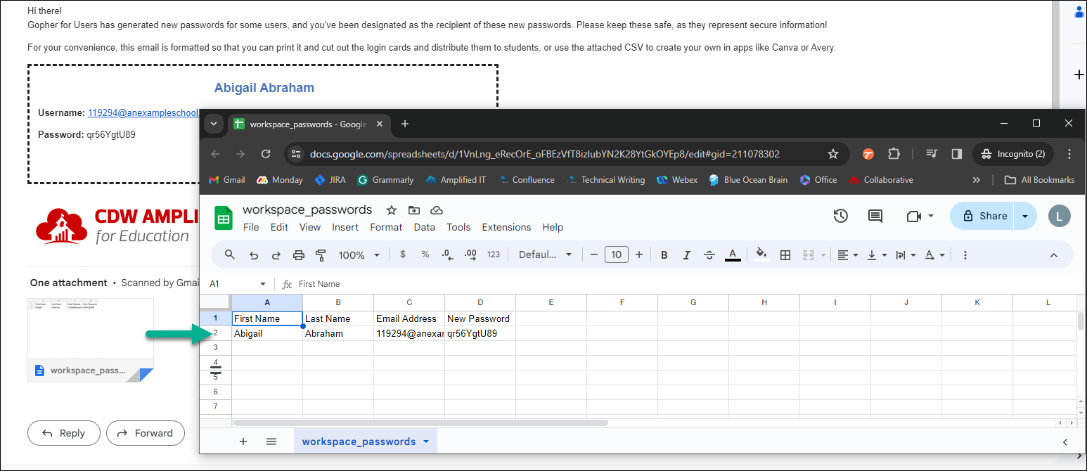 Comparison of reset email to the sheet password tab