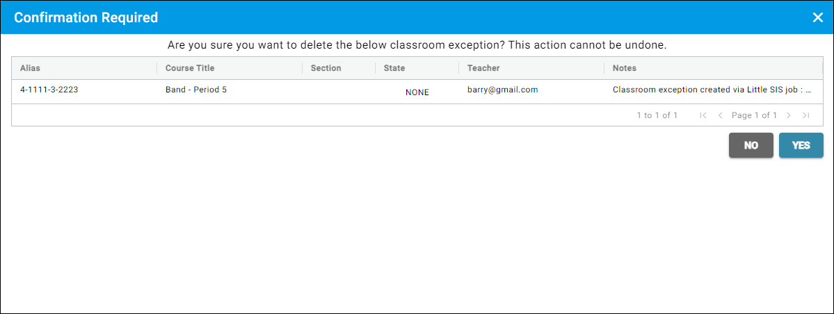 Delete Class Exception confirmation prompt