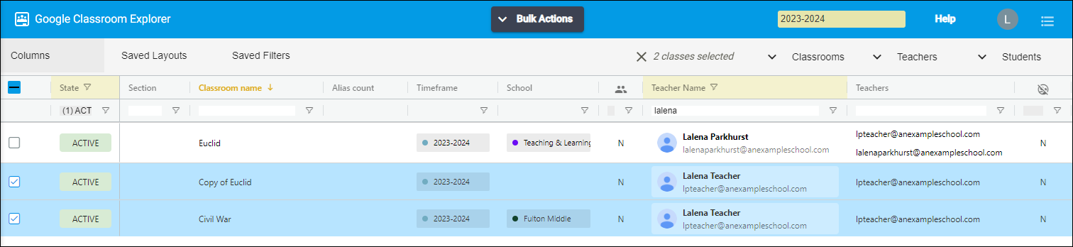 Google classroom explorer showing active classes