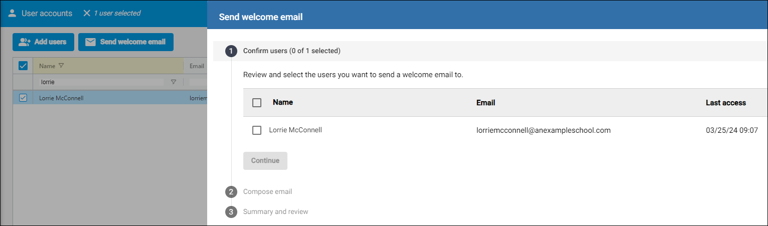Send Welcome Email example in the stepper