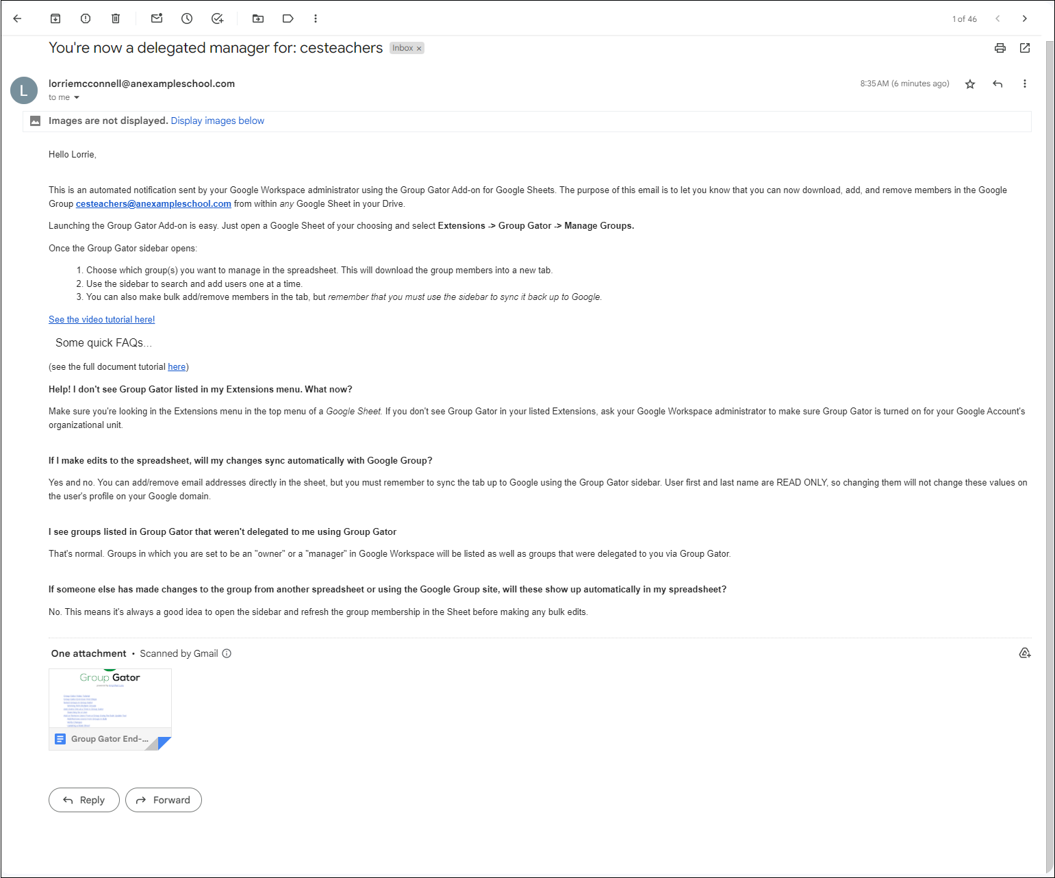 Group Gator Welcome Email for Manager example
