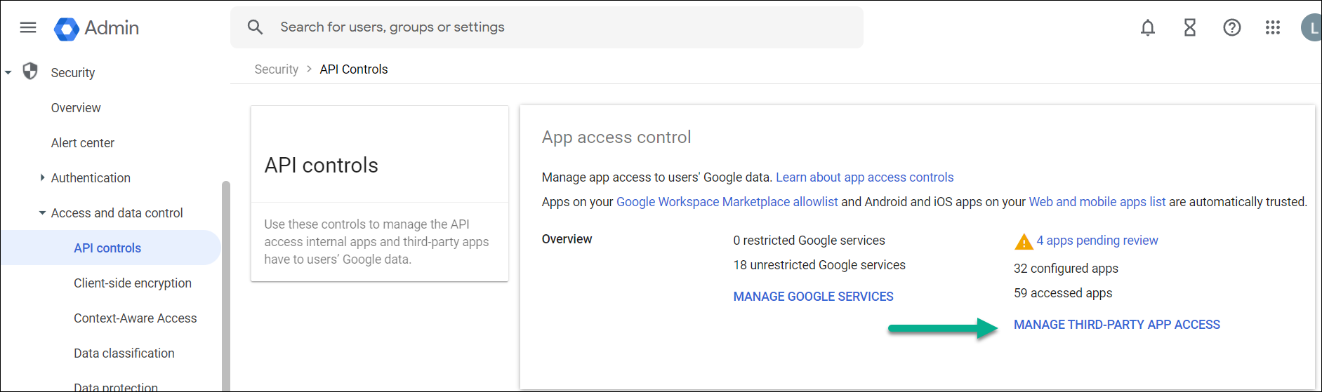 View of the Manage Third-Party App Access Admin console setting