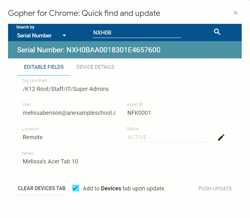Quick Find and Update showing device details