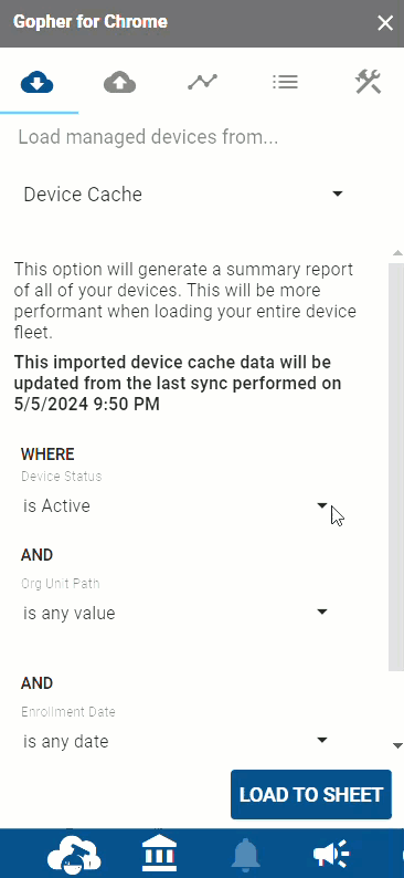 Side panel showing Load from Device Cache