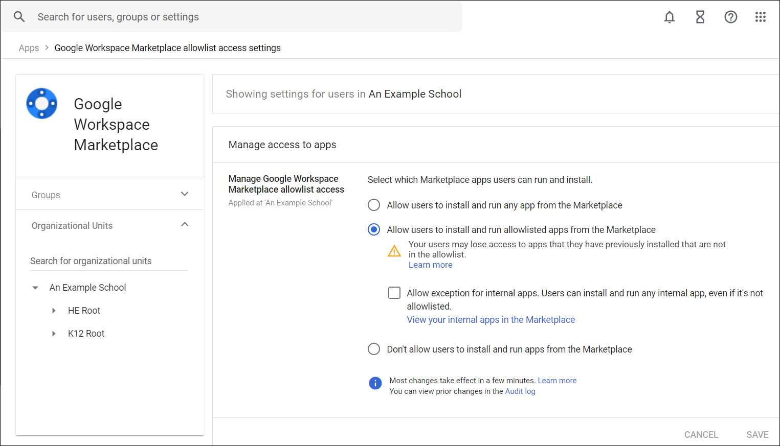 Marketplace Settings in Admin console to allow install