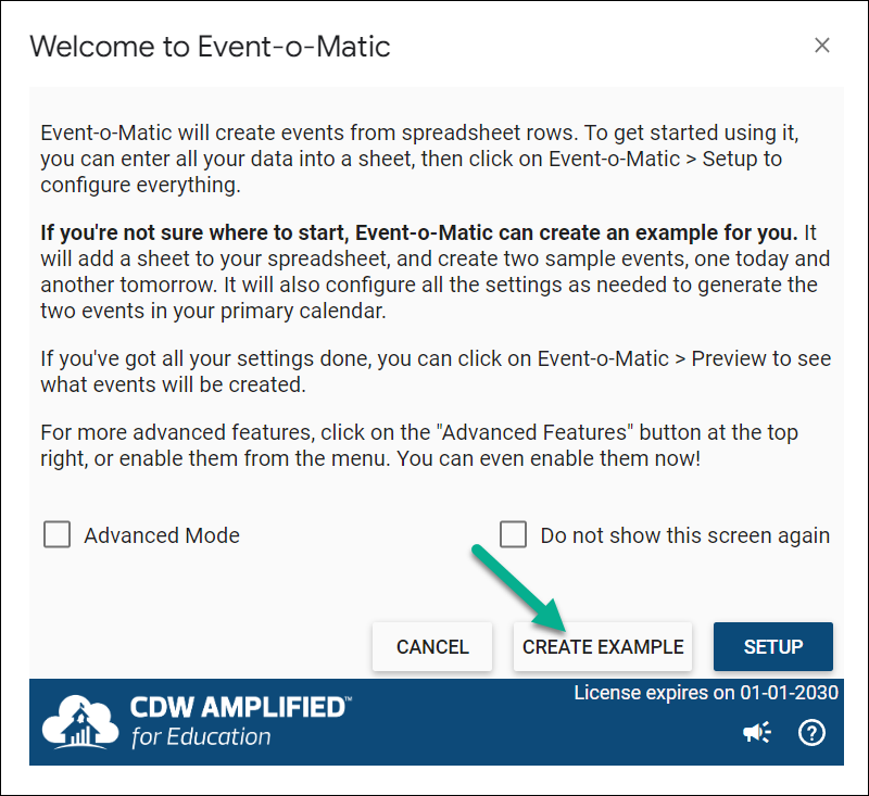 Interface showing the Create Example button