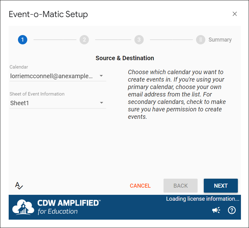 Setup stepper Step 1 source and destination