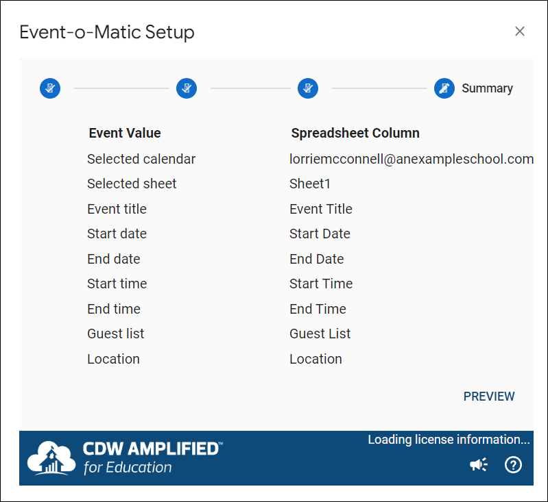 Setup stepper showing the summary step