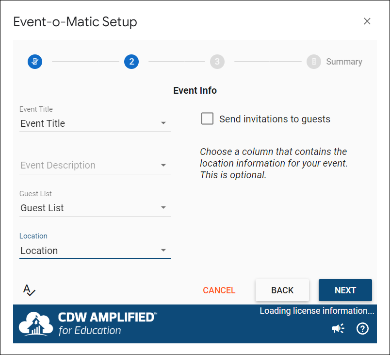 Setup stepper Step 2 Event Info