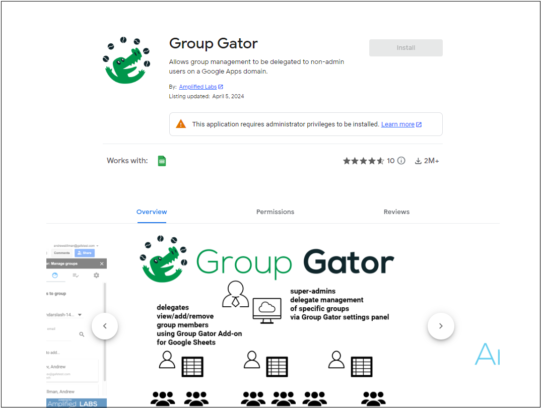Group Gator Install page in Marketplace