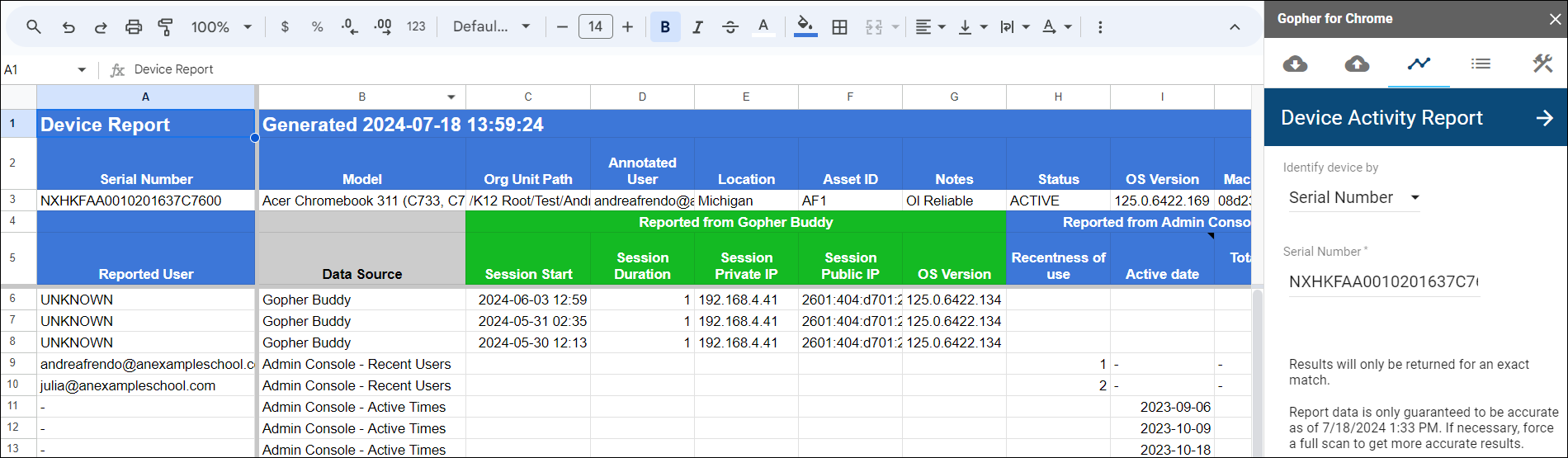 Single Device Report example