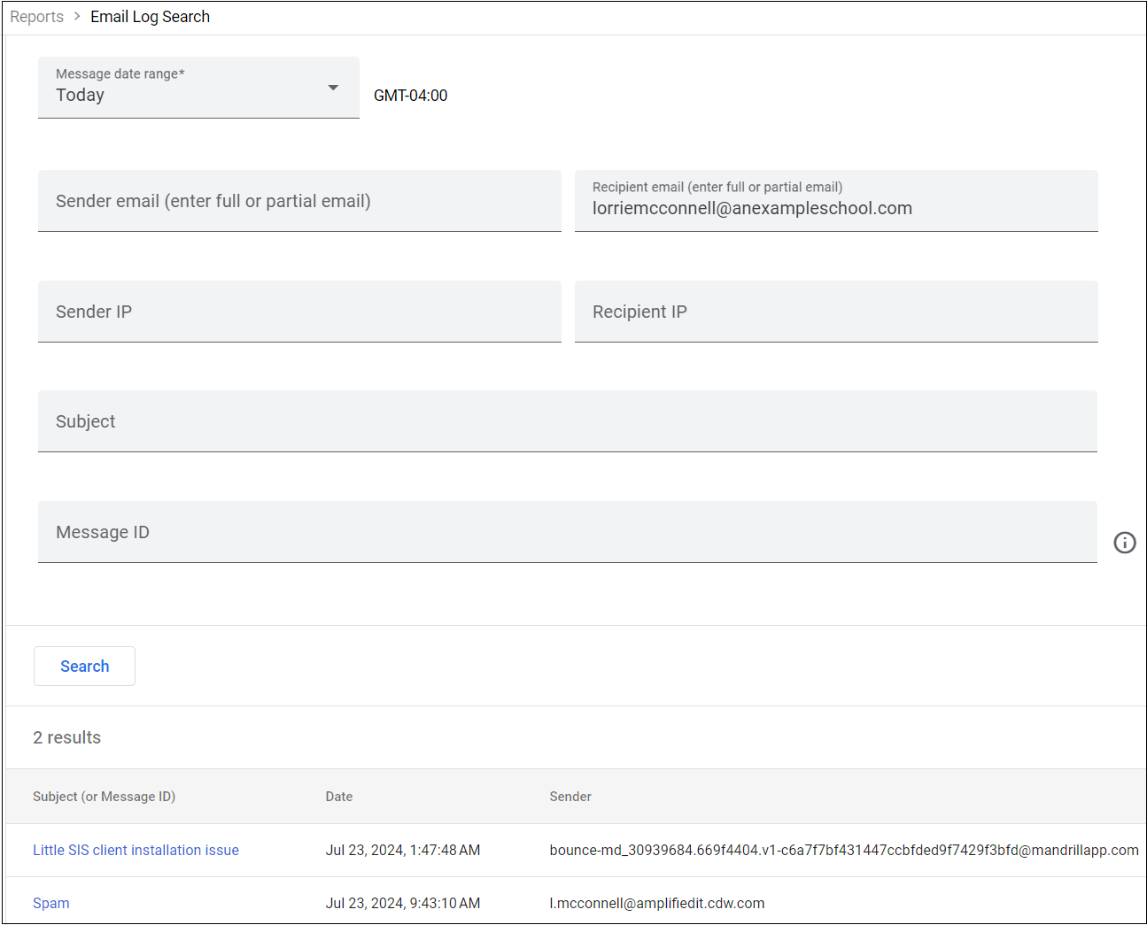 Message Log Search view