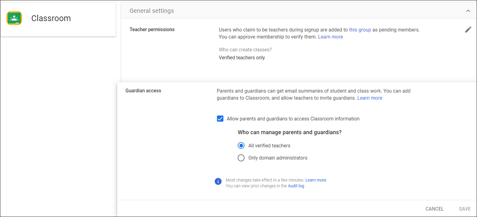View of Classroom Guardian Access Admin Console Settings